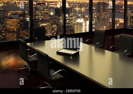 3D-Rendering einer Aktentasche voller Geld insede ein leeres Büro in der Nacht in New York City. Stockfoto