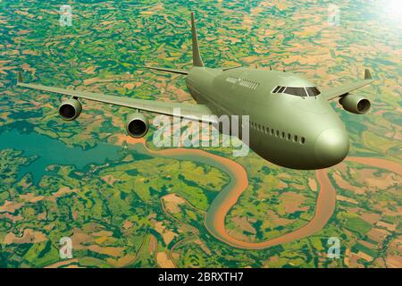 3D-Rendering eines Flugzeugs auf dem Flug über Brasilien. Stockfoto