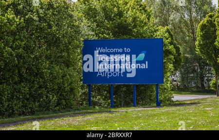 Begrüßungsschild für Teesside International Airport, Darlington, England, Großbritannien Stockfoto