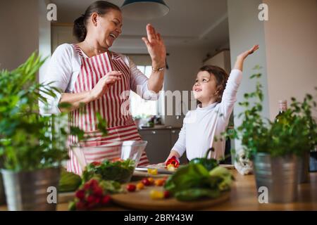 Kleines Mädchen mit älteren Großmutter in der Küche drinnen zu Hause, geben hohe fünf. Stockfoto