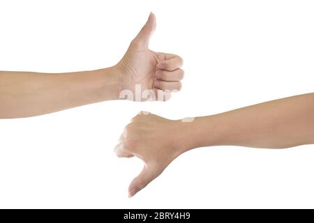 Hand Daumen nach oben und unten isoliert auf weißem Hintergrund. Mit Clipping-Pfad Stockfoto