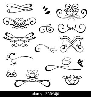 Vintage Kalligraphie Design-Elemente. Set mit Dekors und Trennwänden. Alte Vignettensammlung isoliert auf weißem Hintergrund. Dekorative Zierwirbel. Stockfoto