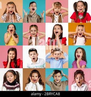 Collage aus glücklichen, überraschten Gesichtern von Kindern. Lächelnde Mädchen und Jungen, die verschiedene positive Emotionen ausdrücken. Menschliche Emotionen, Gesichtsausdruck conce Stockfoto