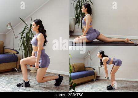 Collage mit sportlicher Mädchen Yoga auf Matte und tun Ausfallschritte mit Hanteln zu Hause Stockfoto