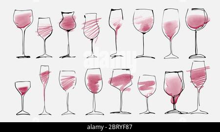 Aquarell und handgezeichnete Skizze von Weingläsern mit Rotwein. Weinglas-Kollektion isoliert auf weiß, Kunstdesign. Stock Vektor