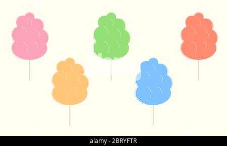 Sammlung von Baumwoll-Bonbons in verschiedenen Geschmacksrichtungen. Flache Vektor-Illustration von flauschigen Süßigkeiten auf Holzstäbchen. Leckere Leckerbissen für Kinder im Unterhaltungs- oder Themenpark angeboten Stock Vektor
