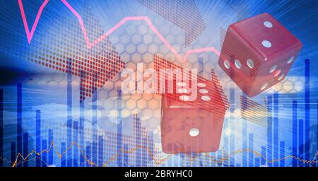 Digitale Abbildung rote Würfel über Statistik und rote Pfeile in einem blauen Hintergrund Stockfoto