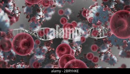 DNA-Stamm mit roten Zellen und Coronavirus-Covid19-Zellen Stockfoto