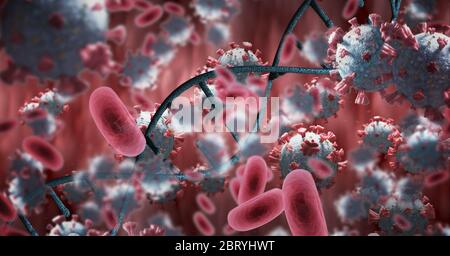 Rote Zellen und DNA-Stamm mit Coronavirus covid19 Zellen schweben Stockfoto