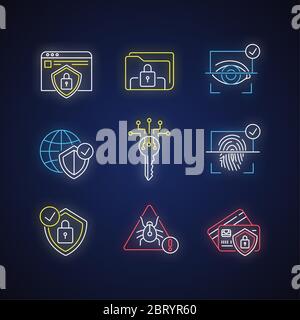 Sicherheitssystem Neonlicht Symbole gesetzt Stock Vektor