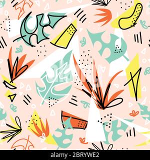 Nahtlose Vektor Muster tropische Pflanzen und Formen. Geometrische Formen und Monstera Palmblätter wiederholen Hintergrund. Zeitgenössische tropische Collage Stock Vektor