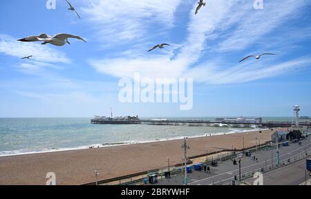 Brighton UK 22. Mai 2020 - Brighton Beach ist ruhig heute, nachdem der Stadtrat angekündigt hat, dass es die Anzahl der Besucher am Strand nach Menschenmengen während des letzten heißen Wetters zu begrenzen. Quelle: Simon Dack / Alamy Live News Stockfoto