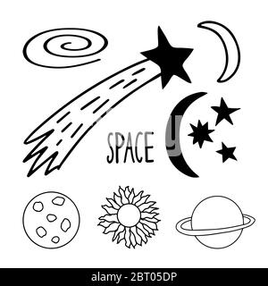 Set von niedlichen handgezeichneten Doodle Raum Elemente. Saturn Planet, Mond, Sonne, Komet, Spiralgalaxie. Isoliert auf weißem Hintergrund. Vektorgrafik. Stock Vektor