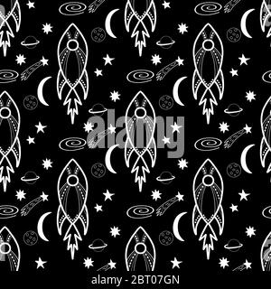 Nahtlose Muster mit Doodle Raketen, Planeten, Sterne, Kometen, Planeten gemacht. Vektorgrafik. Stock Vektor