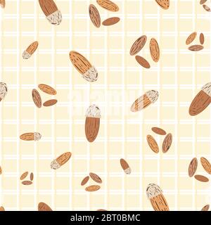 Mandel Vektor nahtlose Muster Hintergrund. Hellbraune Cluster von ovalen Nüssen auf cremefarbenem karierten Hintergrund. Verschiedene Kernel-Samen Schalen Design. Alle Stock Vektor