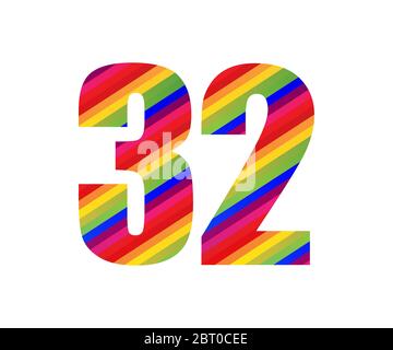 32-Stellige Ziffer Für Den Rainbow Style. Farbenfrohes zweizahliger Vektorgrafik-Design, isoliert auf weißem Hintergrund. Stock Vektor