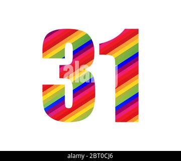 31 Nummer Rainbow Style Ziffer. Farbenfrohes Design mit einzigem Vektorgrafiken, isoliert auf weißem Hintergrund. Stock Vektor