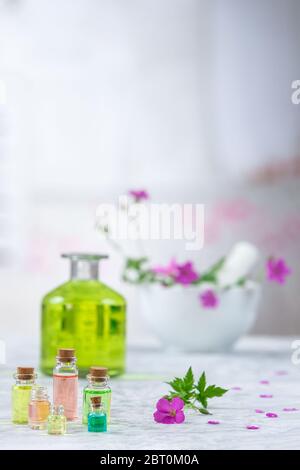 Ätherisches Geranium Öl in der Flasche und Geranien, Mörtel für den Hintergrund. Stockfoto