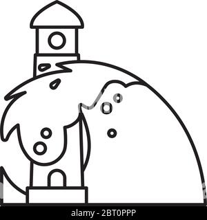 Große Welle stürzt am Leuchtturm Cartoon Vektor-Linie Symbol. Kraft der Natur umreiß Symbol. Stock Vektor