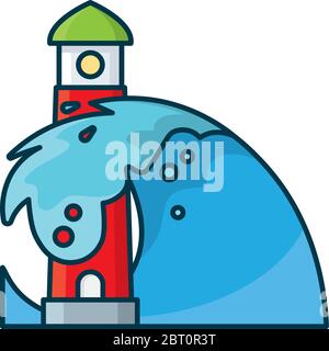 Große Welle stürzt am Leuchtturm Cartoon isolierte Vektor-Illustration für den Welttag der Ozeane am 8. Juni. Symbol der Naturgewalt. Stock Vektor