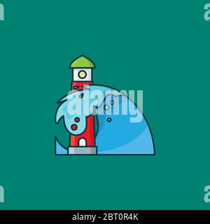 Große Welle stürzt am Leuchtturm Cartoon Vektor Illustration für den Welttag der Ozeane am 8. Juni. Symbol der Naturgewalt. Stock Vektor