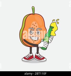 Eine Illustration von Papaya Obst Cartoon Maskottchen Charakter hält eine Flasche Bier Stock Vektor