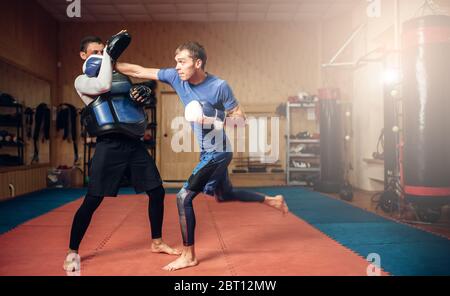 Männliche kickboxer in Handschuhe üben Handstanze mit einem persönlichen Trainer in Pads, trainieren Sie im Fitnessraum. Boxer auf Training, Kickboxen Praxis Stockfoto