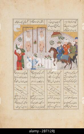 Alexander führt Janusiyar und Mahiyar, die Slayers von Darius, Folio von einem Shahnama (Buch der Könige) von Firdausi, datiert A.H. 887/A.D. aus 1482. Stockfoto