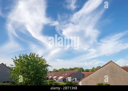 Verdrehte Cirrus Wolken hoch oben am Himmel. Lateinischer Name ist Cirrus intortus. Stockfoto