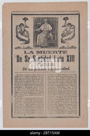 Broadsheet zum Tod von Papst Leo XIII., er ist in seiner Studie von Engeln flankiert gezeigt, ca.. 1900-1913. Stockfoto