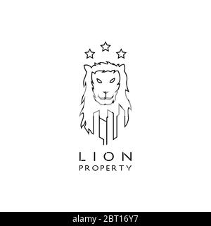 Lion-Logo kombiniert mit Gebäudezeichnungen. Dieses Logo eignet sich für die Verwendung als Unternehmens- oder Geschäftslogo, das in der Immobilien- und Architekturberatung tätig ist. Stock Vektor