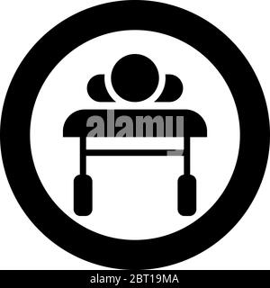 Patient liegt auf medizinischen Bett Couch Ansicht vom Kopf kranker Mann Rehabilitation Symbol im Kreis rund schwarz Farbe Vektor Illustration flach Stil einfaches Bild Stock Vektor