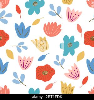 Nahtloses Muster auf weißem Hintergrund, rosa, blaue und rote Blumen, gelbe Blätter in Vektorgrafiken. Für die Gestaltung von Karten, Abdeckungen für Notebooks Stock Vektor