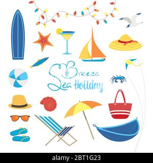 Sommer Meer Strand Urlaub Aktivität Vektor-Symbol gesetzt. Freizeit Relax Design Element Kollektion. Meer genießen Hintergrund. Urlaub Zeit niedlichen Cartoon Zeichen Stock Vektor