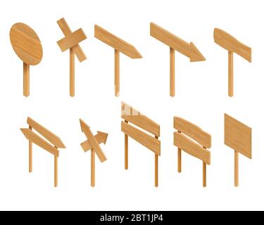 Sammlung von verschiedenen leeren Holztexturzeichen. Satz isometrischer Vektorschilder isoliert auf weißem Hintergrund. Konzept des Wegweisses und der Billboa Stock Vektor