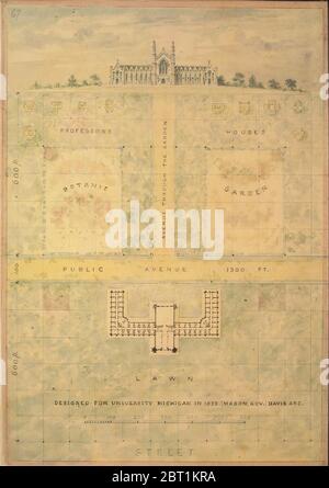 Entwurf für University of Michigan (Höhe und Grundriss des Gebäudes und des Geländes), ca. 1838. Stockfoto