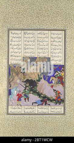 Isfandiyars Vierter Kurs: Er tötet eine Zauberin, Folio 435v aus dem Shahnama (Buch der Könige) von Shah Tahmasp, ca. 1525-30. Stockfoto