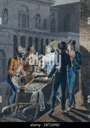 Nachtleben in Philadelphia &#x2014;eine Oyster Barrow vor dem Chestnut Street Theater, 1811-ca. 1813. Stockfoto
