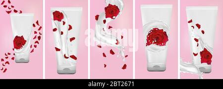 Rose Handcreme, Milchspritzer mit Blumenrose. Set Design Paket Creme. Fliegende Rose, Blütenblätter und spritzendem Joghurt. 3D realistische Rose. Vektorgrafik. Stock Vektor