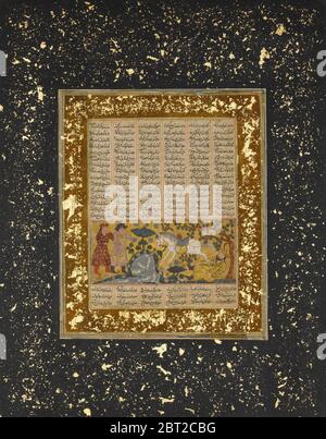 Yazdegard Ich trat zu Tode durch das Wasserpferd, Folio aus einem Shahnama (Buch der Könige), ca. 1300-30. Stockfoto