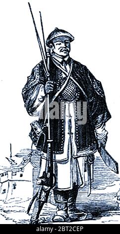 Eine Abbildung aus den 1840er Jahren zeigt den chinesischen Artilleriesoldaten (Schwertkämpfer) in der Uniform der damaligen Zeit. Stockfoto