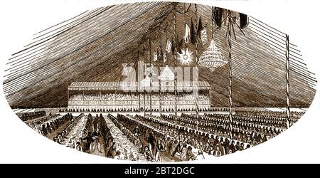 Lizenzierte Victualers School großes jährliches Festessen auf der Highbury Farm, England -1842. Als Highbury’s Manor House (der ehemalige grange der Ritter von St. John) im Bauernaufstand von 1381 zerstört wurde, blieb seine angrenzende Farm verschont. Int später bekannt als Highbury Barn.in 1770 William Willoughby übernahm Highbury Barn und stark erhöht seine Popularität. Er erweiterte seine Größe und Einrichtungen, übernahm Land und Gebäude von der Farm nebenan, weit über das, was jetzt Kelvin Road und schuf eine Bowling-Green, Trap-Ball-Gelände und Gärten mit Catering-Einrichtungen. Stockfoto