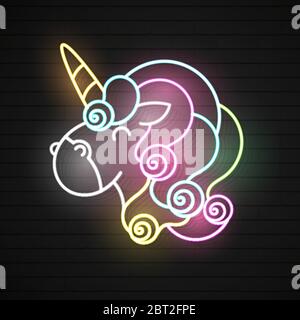 Vektor realistische isoliert Neon Retro Zeichen Einhorn für Dekoration und Abdeckung auf dem Hintergrund der Wand. Rosa lustige Einhorn pukes flüssigen Regenbogen. Sehr Stock Vektor