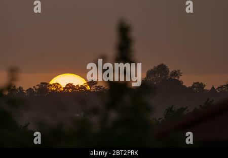 Wimbledon, London, Großbritannien. 22 Mai 2020. Nach einem schönen Tag mit warmem und stürmigem Wind geht die Sonne hinter Bäumen auf dem Wimbledon Hill im Südwesten Londons unter. Quelle: Malcolm Park/Alamy Live News. Stockfoto