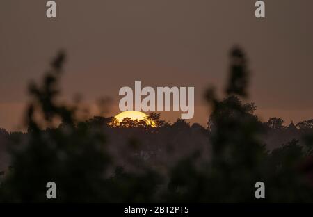 Wimbledon, London, Großbritannien. 22 Mai 2020. Nach einem schönen Tag mit warmem und stürmigem Wind geht die Sonne hinter Bäumen auf dem Wimbledon Hill im Südwesten Londons unter. Quelle: Malcolm Park/Alamy Live News. Stockfoto