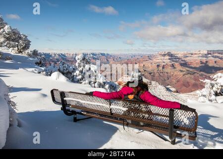 Frau auf Bank mit Blick auf den Grand Canyon Nationalpark, Arizona, USA Stockfoto