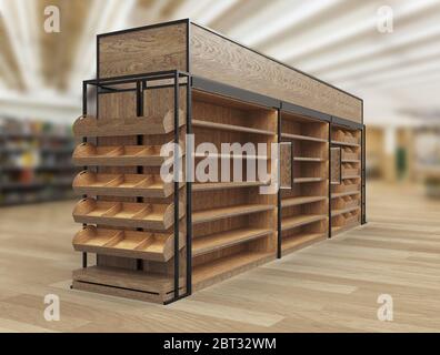 Bäckerei und Brotaufstellgerät, Holz Slat Gondel Regal Kit. 3d-Rendering. Bäckerei und Brotaufstellgerät, Holz Slat Gondel Regal Kit. 3d-Rendering. Stockfoto