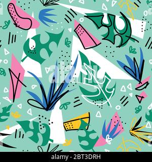 Tropische Pflanzen Collage nahtlose Vektor-Muster. Geometrische Formen und Monstera Palmblätter wiederholen Hintergrund. Modernes Design im Papierschnitt-Stil Stock Vektor