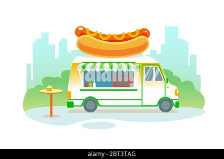 Poster mit Hot Dog Food Truck im Park auf Stadthintergrund. Sommer Fast Food Festival isoliert Vektor-Illustration. Straße Hotdog Cafe auf Rädern Banner. Catering-Service im Freien. Retro-Auto mit Essen. Stock Vektor