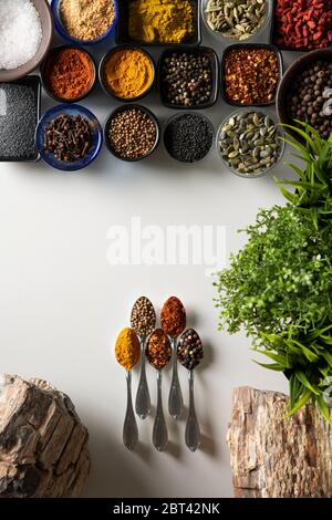 Fünf kleine silberne Löffel mit Curry, Red Dry Chilis, Paprika, Peppers Mix und Koriander gegenüber von verschiedenen Formen von Schalen mit gleichen Gewürzen auf Stockfoto